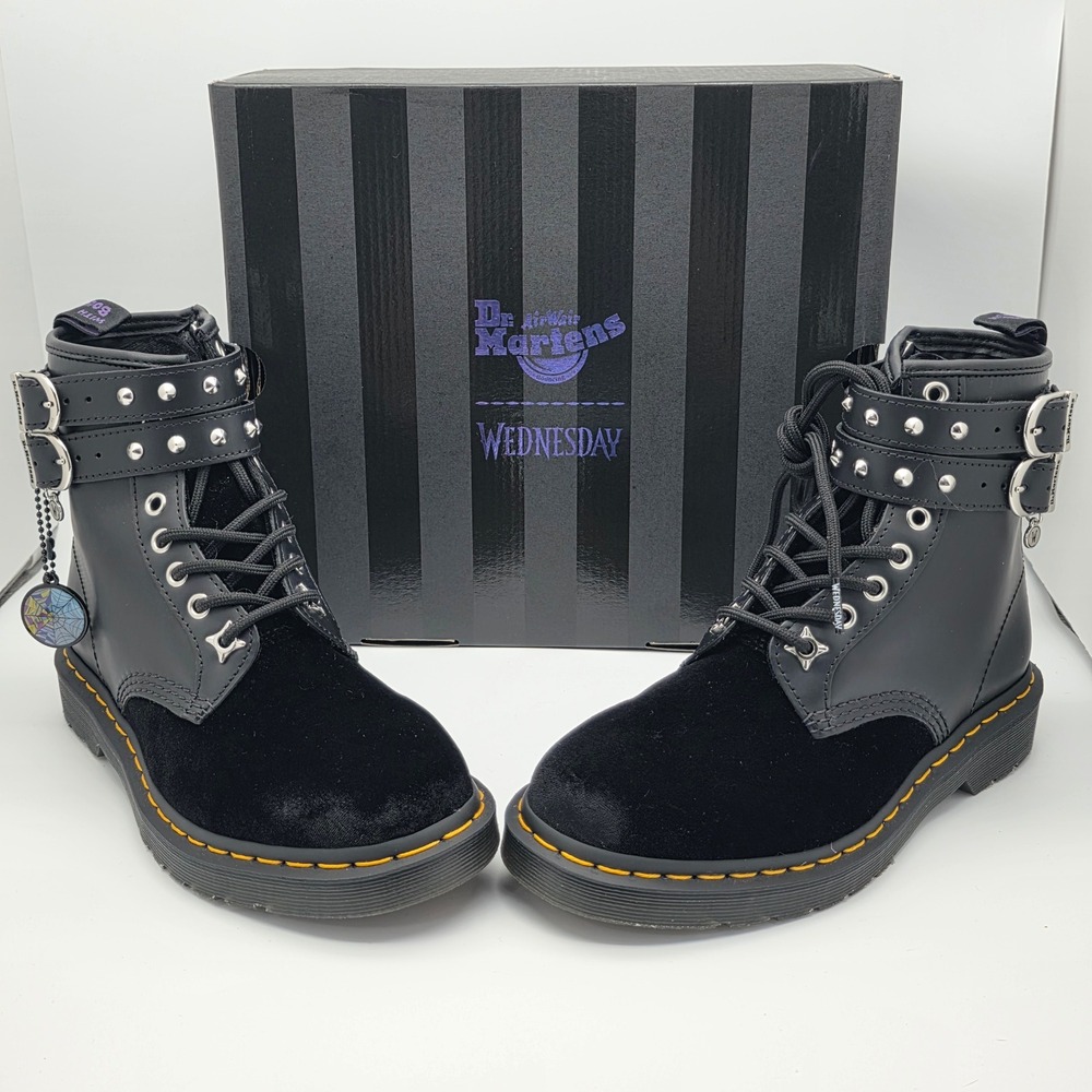 Dr. Martens 1460 Wednesday Addams Boots Womens 7 Mens 6 Black Velvet Buckle Stud - Picture 11 of 16